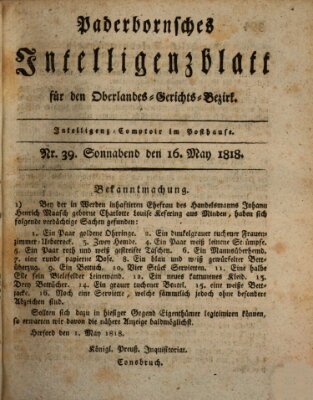 Paderbornsches Intelligenzblatt Samstag 16. Mai 1818