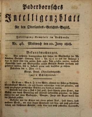 Paderbornsches Intelligenzblatt Mittwoch 10. Juni 1818