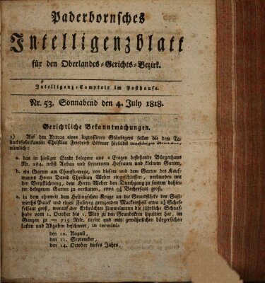 Paderbornsches Intelligenzblatt Samstag 4. Juli 1818