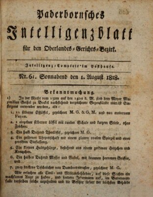 Paderbornsches Intelligenzblatt Samstag 1. August 1818