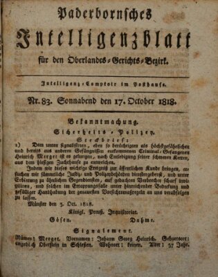 Paderbornsches Intelligenzblatt Samstag 17. Oktober 1818