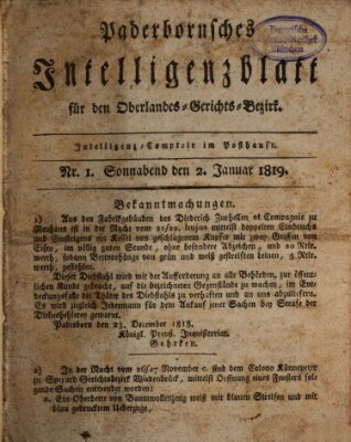 Paderbornsches Intelligenzblatt Samstag 2. Januar 1819