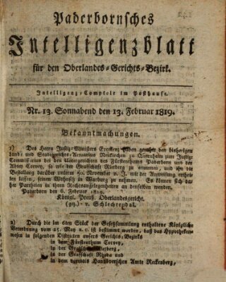 Paderbornsches Intelligenzblatt Samstag 13. Februar 1819