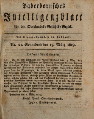 Paderbornsches Intelligenzblatt Samstag 13. März 1819