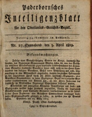 Paderbornsches Intelligenzblatt Samstag 3. April 1819