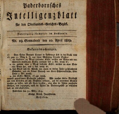 Paderbornsches Intelligenzblatt Samstag 10. April 1819