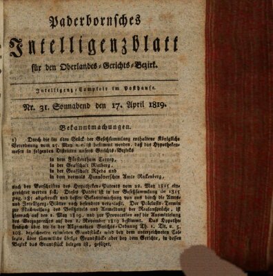 Paderbornsches Intelligenzblatt Samstag 17. April 1819