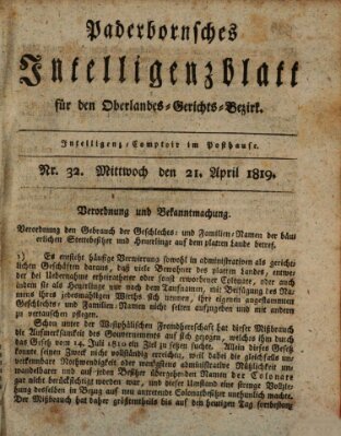 Paderbornsches Intelligenzblatt Mittwoch 21. April 1819