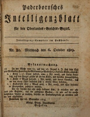 Paderbornsches Intelligenzblatt Mittwoch 6. Oktober 1819