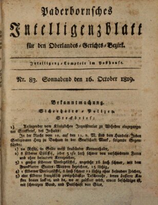 Paderbornsches Intelligenzblatt Samstag 16. Oktober 1819