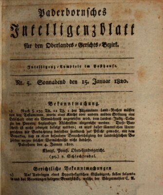 Paderbornsches Intelligenzblatt Samstag 15. Januar 1820