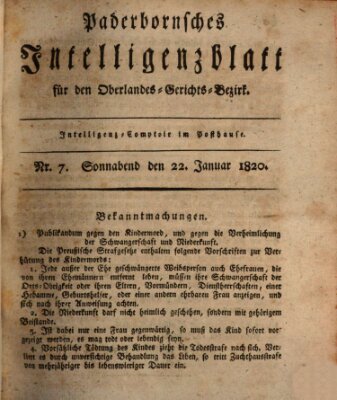 Paderbornsches Intelligenzblatt Samstag 22. Januar 1820