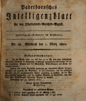 Paderbornsches Intelligenzblatt Mittwoch 1. März 1820