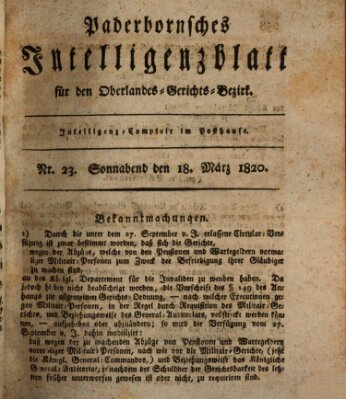 Paderbornsches Intelligenzblatt Samstag 18. März 1820