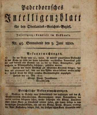 Paderbornsches Intelligenzblatt Samstag 3. Juni 1820