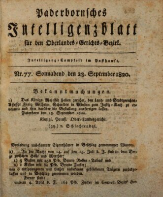 Paderbornsches Intelligenzblatt Samstag 23. September 1820