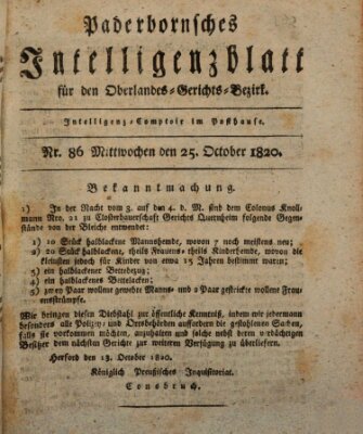 Paderbornsches Intelligenzblatt Mittwoch 25. Oktober 1820