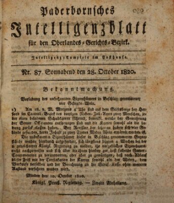 Paderbornsches Intelligenzblatt Samstag 28. Oktober 1820