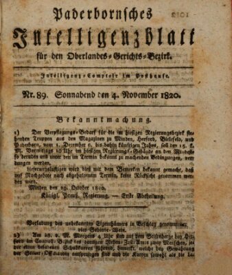 Paderbornsches Intelligenzblatt Samstag 4. November 1820