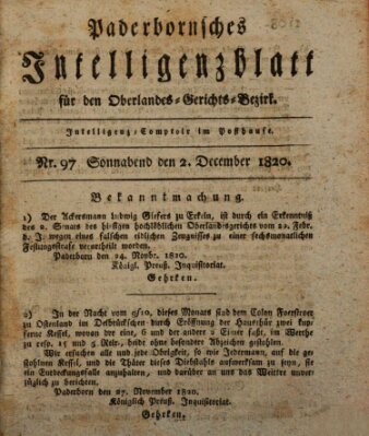 Paderbornsches Intelligenzblatt Samstag 2. Dezember 1820