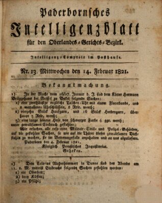 Paderbornsches Intelligenzblatt Mittwoch 14. Februar 1821