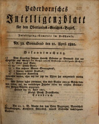 Paderbornsches Intelligenzblatt Samstag 21. April 1821