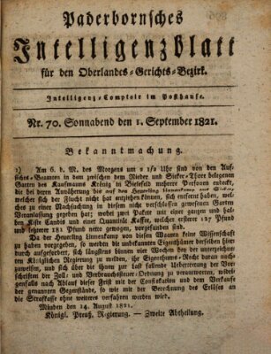 Paderbornsches Intelligenzblatt Samstag 1. September 1821