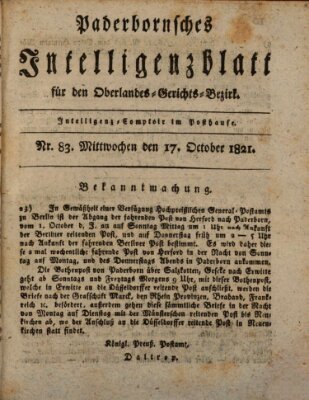 Paderbornsches Intelligenzblatt Mittwoch 17. Oktober 1821