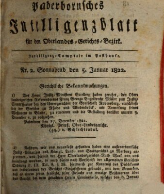 Paderbornsches Intelligenzblatt Samstag 5. Januar 1822