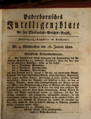 Paderbornsches Intelligenzblatt Mittwoch 16. Januar 1822