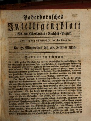 Paderbornsches Intelligenzblatt Mittwoch 27. Februar 1822