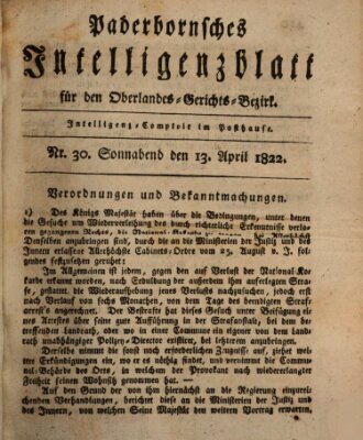 Paderbornsches Intelligenzblatt Samstag 13. April 1822