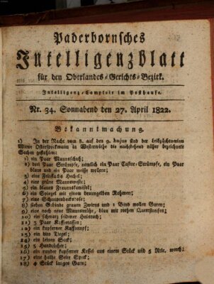 Paderbornsches Intelligenzblatt Samstag 27. April 1822