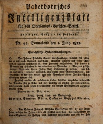 Paderbornsches Intelligenzblatt Samstag 1. Juni 1822