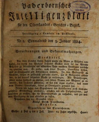 Paderbornsches Intelligenzblatt Samstag 3. Januar 1824