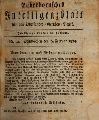 Paderbornsches Intelligenzblatt Mittwoch 9. Februar 1825