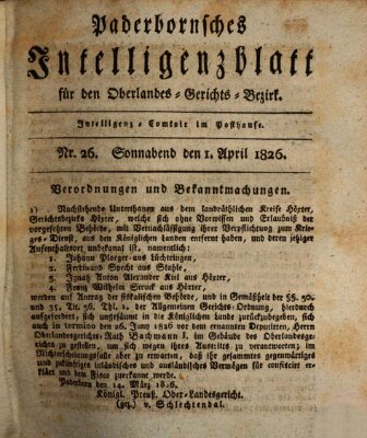 Paderbornsches Intelligenzblatt Samstag 1. April 1826