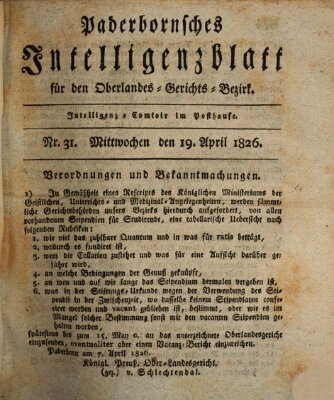 Paderbornsches Intelligenzblatt Mittwoch 19. April 1826