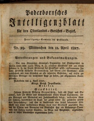 Paderbornsches Intelligenzblatt Mittwoch 11. April 1827