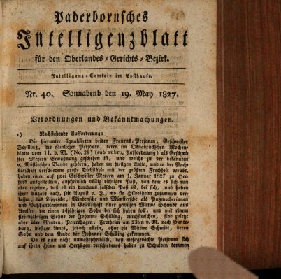 Paderbornsches Intelligenzblatt Samstag 19. Mai 1827