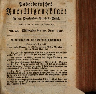 Paderbornsches Intelligenzblatt Mittwoch 20. Juni 1827