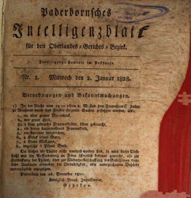 Paderbornsches Intelligenzblatt Mittwoch 2. Januar 1828