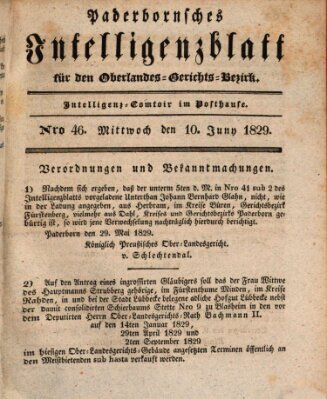 Paderbornsches Intelligenzblatt Mittwoch 10. Juni 1829