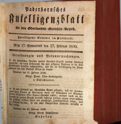 Paderbornsches Intelligenzblatt Samstag 27. Februar 1830