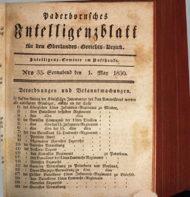 Paderbornsches Intelligenzblatt Samstag 1. Mai 1830