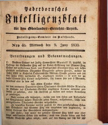 Paderbornsches Intelligenzblatt Mittwoch 9. Juni 1830