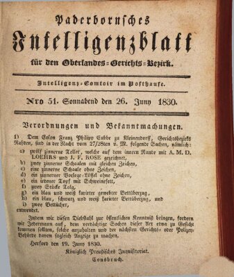 Paderbornsches Intelligenzblatt Samstag 26. Juni 1830