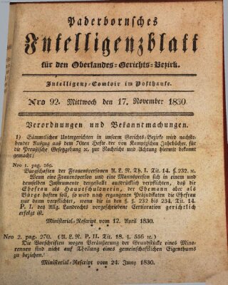 Paderbornsches Intelligenzblatt Mittwoch 17. November 1830