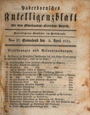 Paderbornsches Intelligenzblatt Samstag 2. April 1831