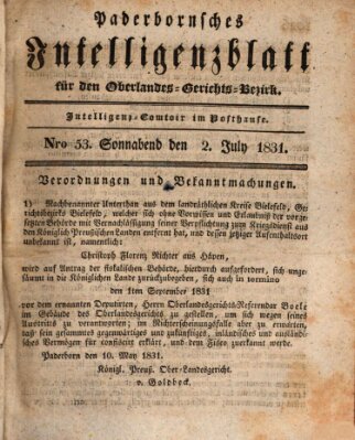 Paderbornsches Intelligenzblatt Samstag 2. Juli 1831